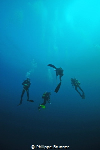 Divers in the blue for safety stop. by Philippe Brunner 